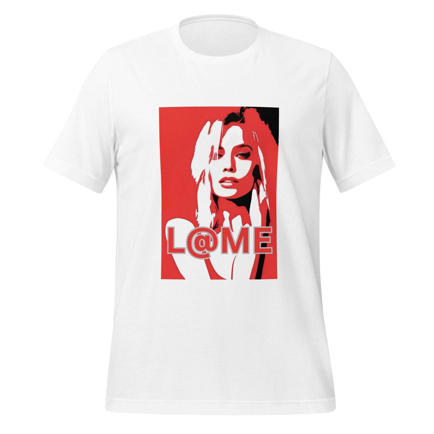 Red Pop-Art graphic tee featuring a bold red-and-white portrait and L@ME logo.