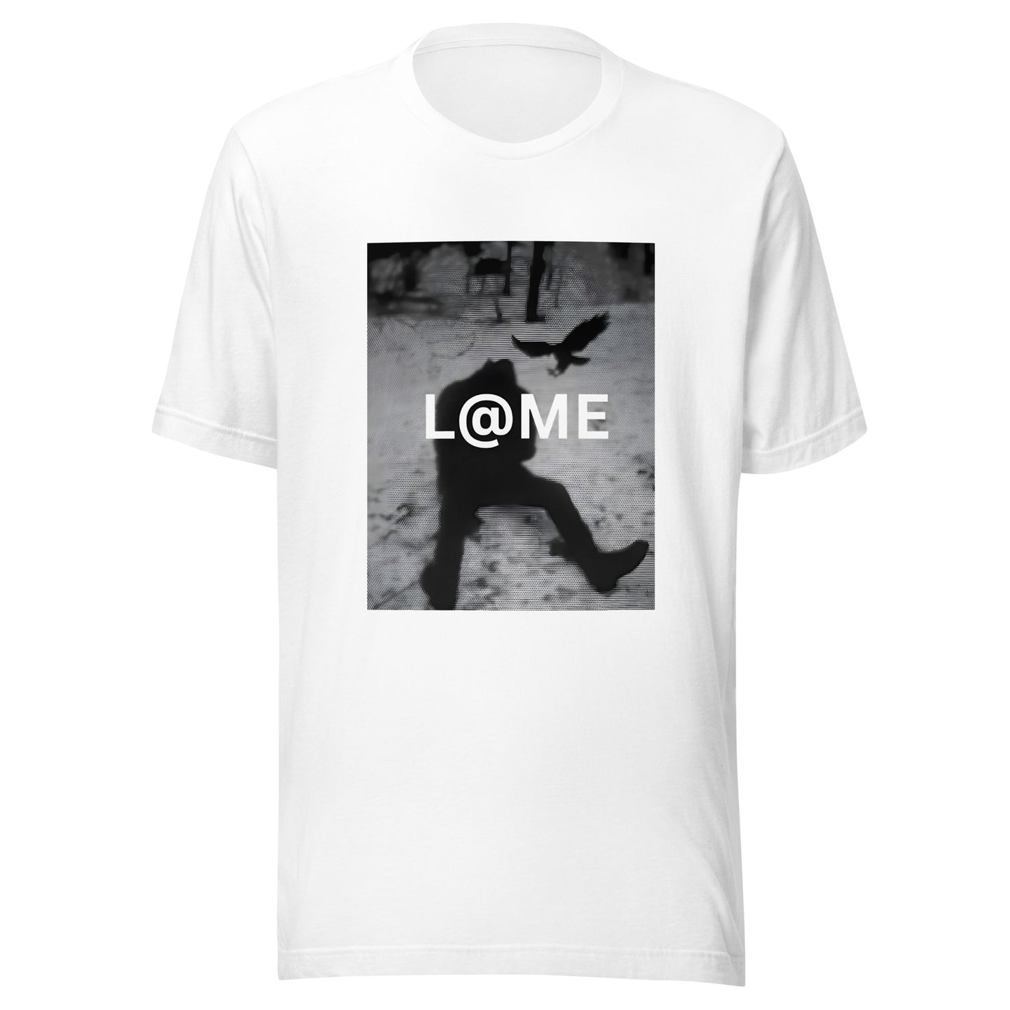 Black and white tee with a mid-step silhouette and bird graphic on front