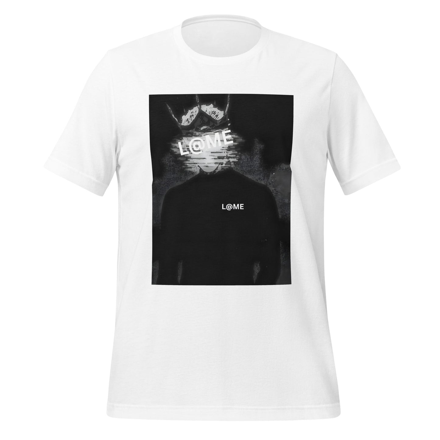 Black L@ME Shadow Code tee with glitch-inspired graphic and short sleeves on white background