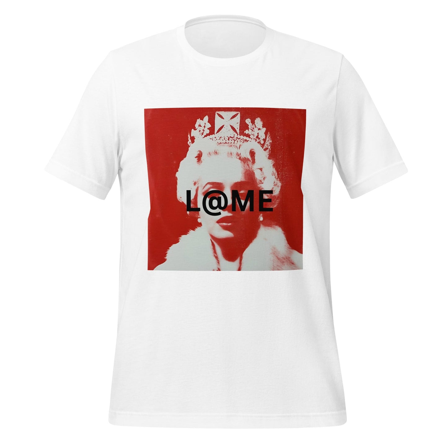 Red graphic tee featuring a regal figure in modern street art style.