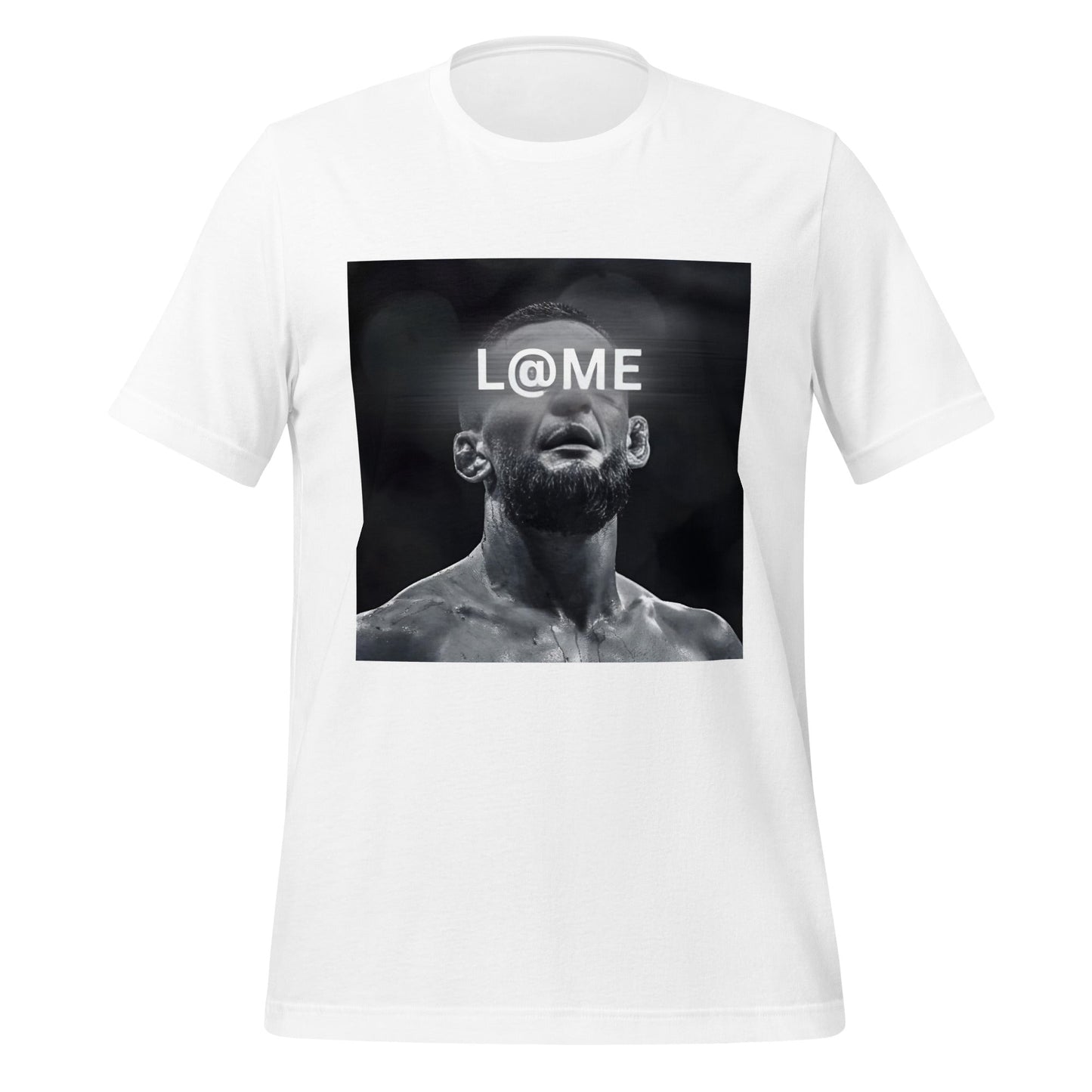 Black L@ME “Relentless” tee with intense black-and-white portrait graphic on front