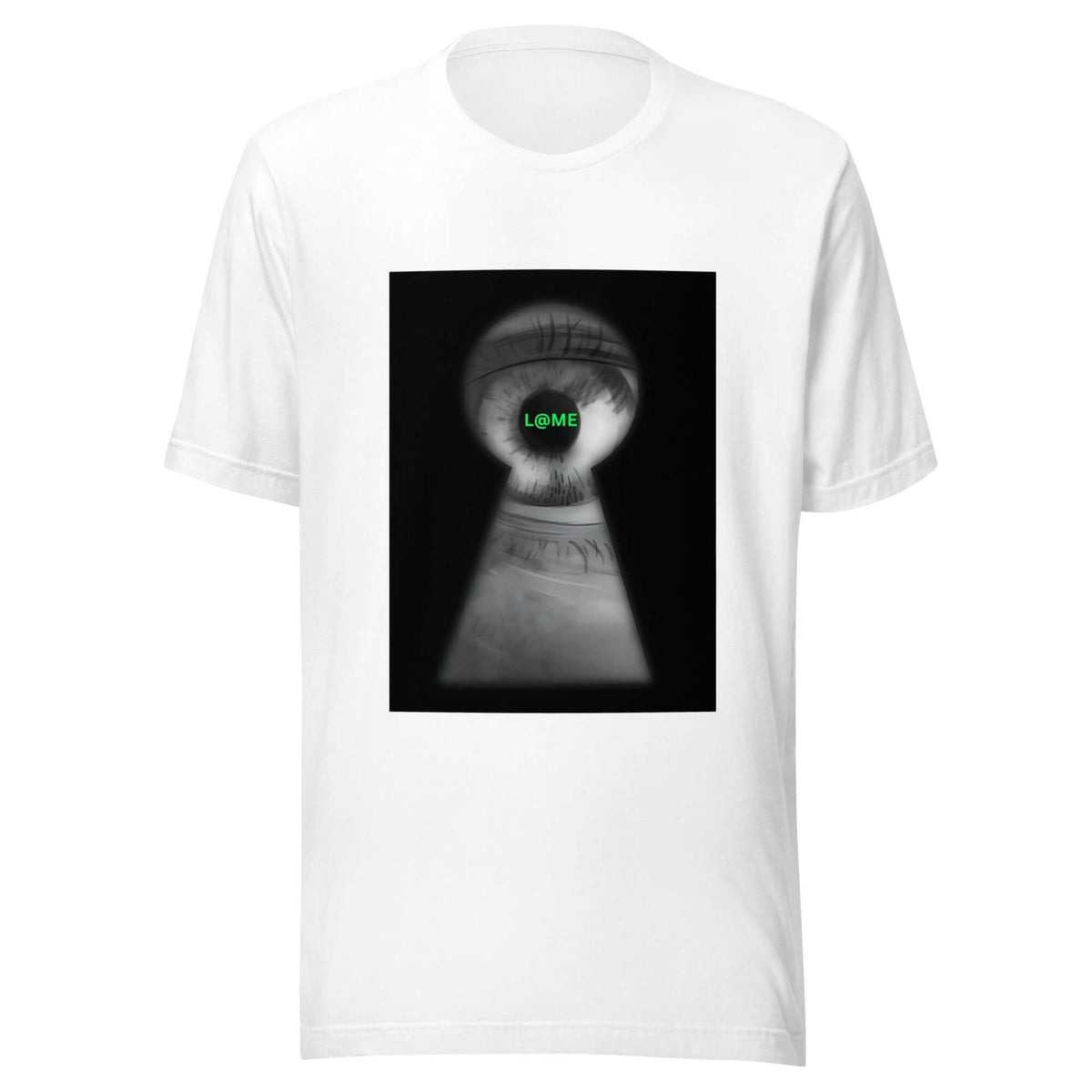 Black unisex tee with a surreal keyhole graphic on the front and relaxed fit.